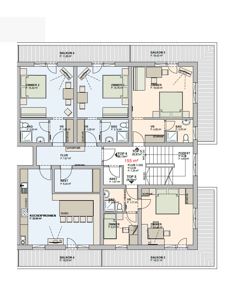 Plan Wohnung Waidring mit 5 Komfort Schlafzimmern